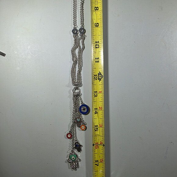 Silver tone Necklace Hamsa Hand Evil Eye Charms Adjustable Lobster Clasp Boho - Picture 4 of 4